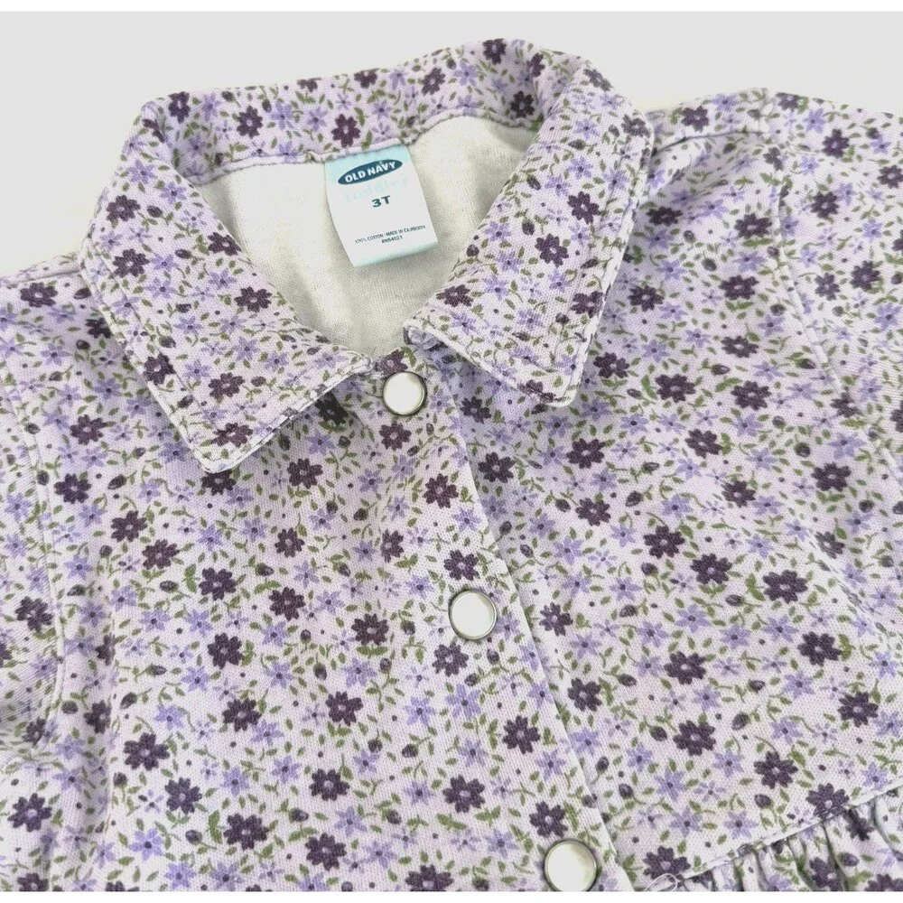 Vtg Y2K Old Navy 3T Floral Button Down Purple 100% Cotton Knit Dress Pearl Snaps